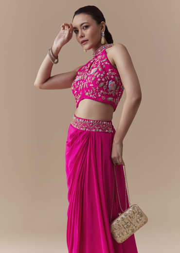 Pink Crepe Silk Crop Top Skirt Set with Zardosi Work