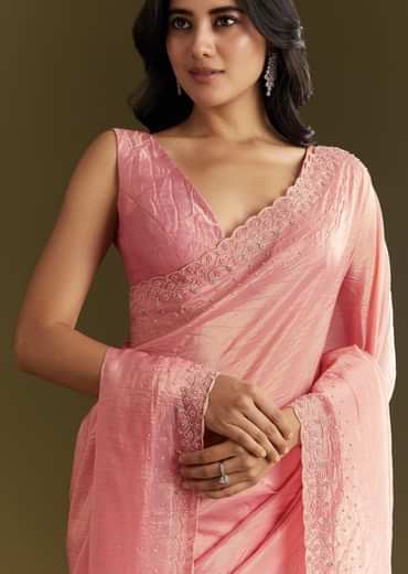 Pink Crepe Tissue Saree With Moti Beads And Cutdana Embroidery
