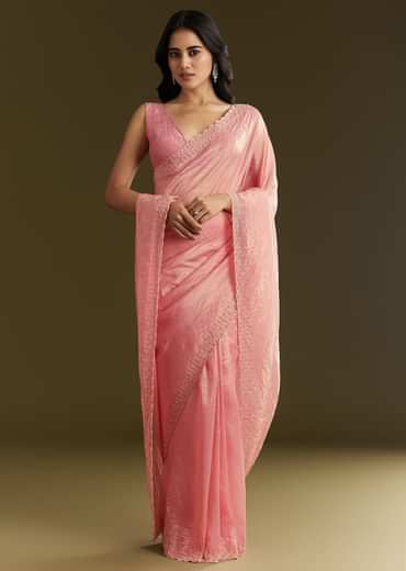 Pink Crepe Tissue Saree With Moti Beads And Cutdana Embroidery