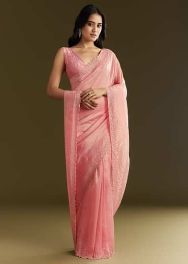 Pink Crepe Tissue Saree With Moti Beads And Cutdana Embroidery