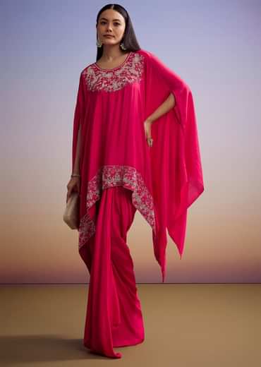 Pink Crop Top And Skirt Set With Moti And Sequins Work