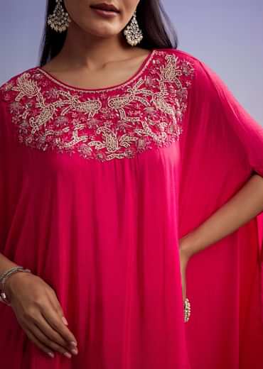 Pink Crop Top And Skirt Set With Moti And Sequins Work