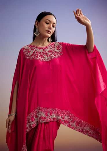 Pink Crop Top And Skirt Set With Moti And Sequins Work