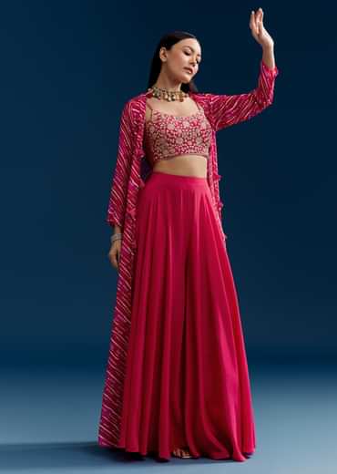 Pink Crop Top Palazzo Set With Zardosi Jacket