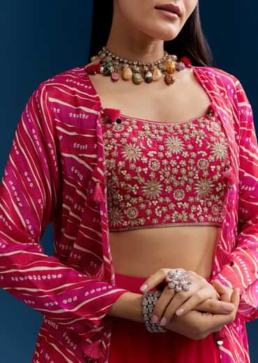 Pink Crop Top Palazzo Set With Zardosi Jacket