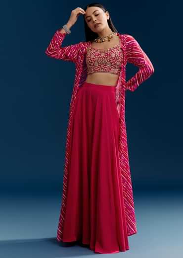Pink Crop Top Palazzo Set With Zardosi Jacket