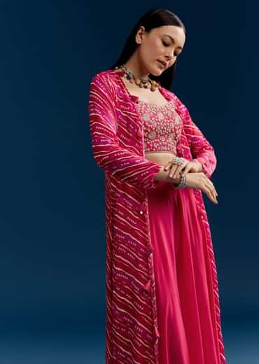 Pink Crop Top Palazzo Set With Zardosi Jacket