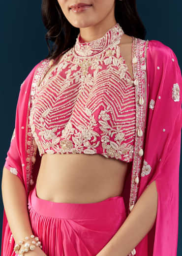 Pink Crop Top Skirt Set with Cape