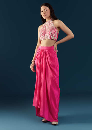 Pink Crop Top Skirt Set with Cape