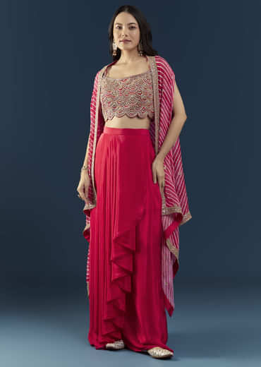 Pink Crop Top Skirt Set with Leheriya Cape