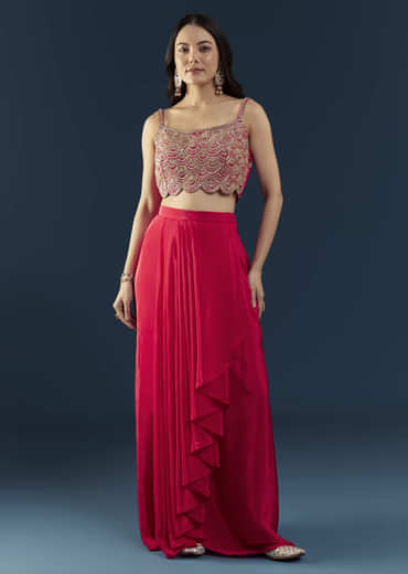 Pink Crop Top Skirt Set with Leheriya Cape