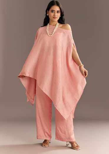 Pink Crush Silk One Shoulder Kurta With Pearl Neckpiece