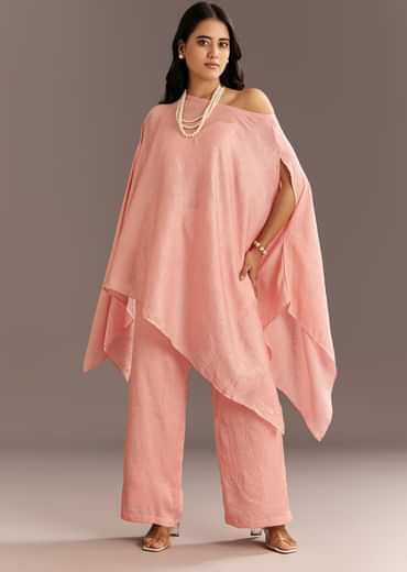 Pink Crush Silk One Shoulder Kurta With Pearl Neckpiece