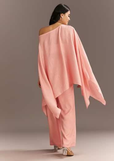 Pink Crush Silk One Shoulder Kurta With Pearl Neckpiece