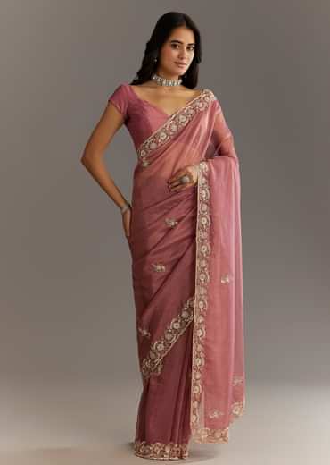 Pink Crushed Tissue Floral Embroidered Saree With Cutdana And Sequins