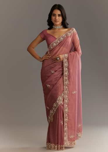 Pink Crushed Tissue Floral Embroidered Saree With Cutdana And Sequins