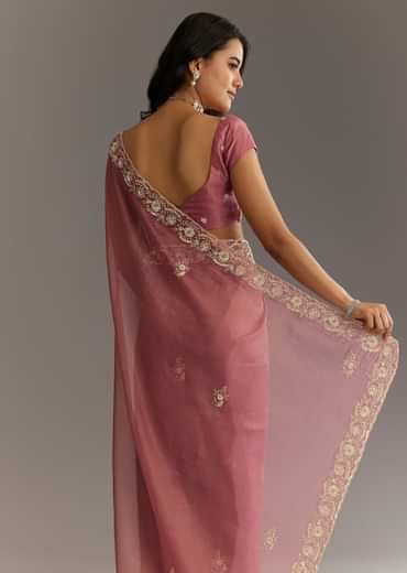 Pink Crushed Tissue Floral Embroidered Saree With Cutdana And Sequins