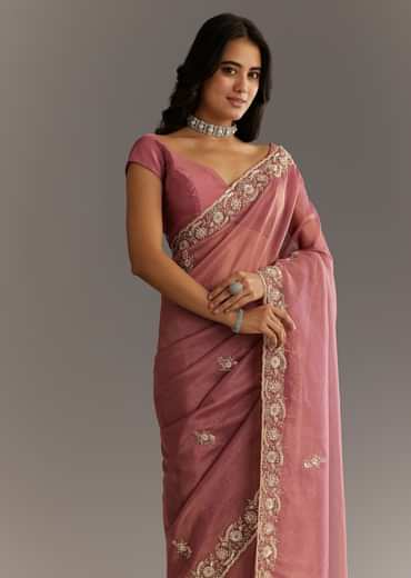Pink Crushed Tissue Floral Embroidered Saree With Cutdana And Sequins