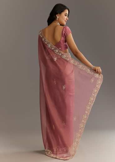 Pink Crushed Tissue Floral Embroidered Saree With Cutdana And Sequins