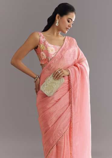 Pink Crushed Tissue Saree With Cutdana And Moti Embellished Border