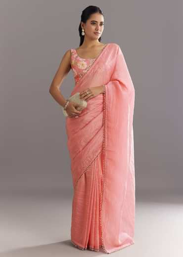 Pink Crushed Tissue Saree With Cutdana And Moti Embellished Border