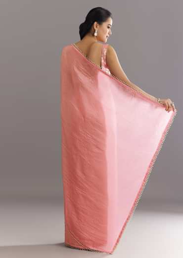 Pink Crushed Tissue Saree With Cutdana And Moti Embellished Border