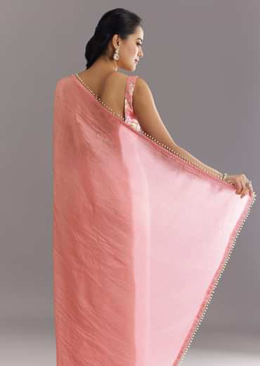 Pink Crushed Tissue Saree With Cutdana And Moti Embellished Border