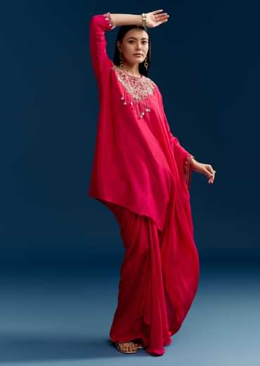 Pink Dola Silk Crop Top Skirt Set With Zardosi Work