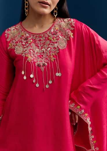 Pink Dola Silk Crop Top Skirt Set With Zardosi Work