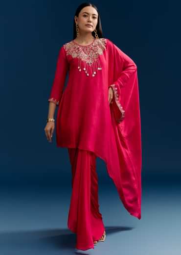 Pink Dola Silk Crop Top Skirt Set With Zardosi Work