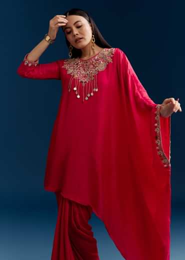 Pink Dola Silk Crop Top Skirt Set With Zardosi Work