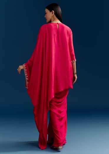 Pink Dola Silk Crop Top Skirt Set With Zardosi Work