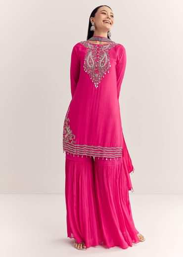 Pink Dola Silk Kurta Set With Zardosi And Choker Dupatta