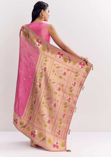 Pink Dola Silk Paithani Saree With Dollar Butti And Multicolor Motif