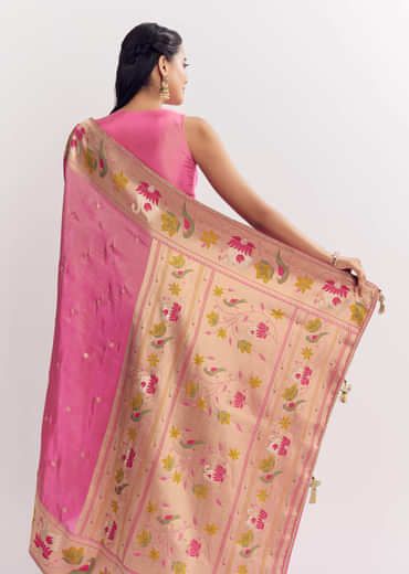 Pink Dola Silk Paithani Saree With Dollar Butti And Multicolor Motif