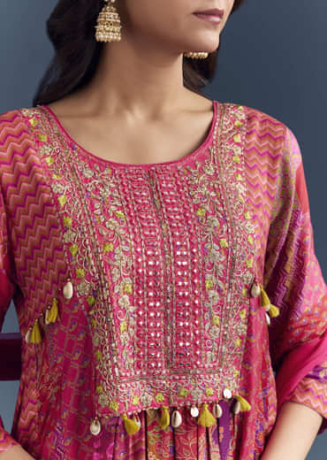 Pink Dola Silk Printed Anarkali Suit With Intricate Hand Embroidery