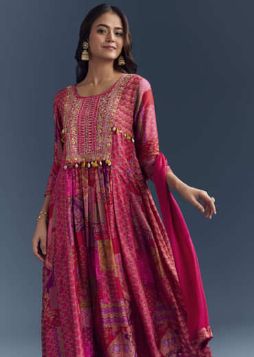Pink Dola Silk Printed Anarkali Suit With Intricate Hand Embroidery