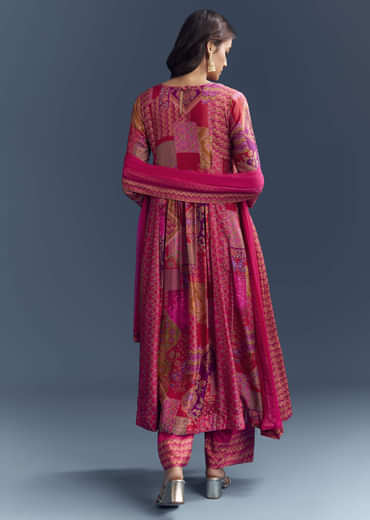 Pink Dola Silk Printed Anarkali Suit With Intricate Hand Embroidery