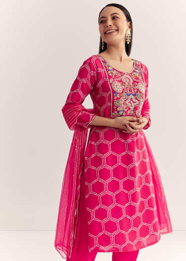 Pink Dola Silk Printed Kurta Dupatta Set With Embroidered Neckline