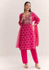 Pink Dola Silk Printed Kurta Dupatta Set With Embroidered Neckline