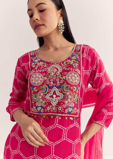 Pink Dola Silk Printed Kurta Dupatta Set With Embroidered Neckline