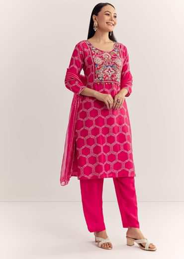 Pink Dola Silk Printed Kurta Dupatta Set With Embroidered Neckline