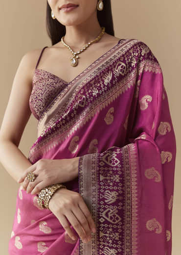 Pink Dola Silk Saree with Woven Geometric Motif and Blouse Fabric