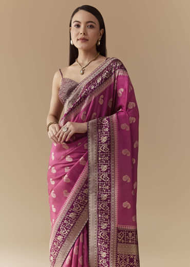 Pink Dola Silk Saree with Woven Geometric Motif and Blouse Fabric