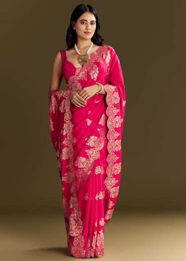Pink Dola Silk Saree With Zari Border And All Over Booti