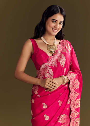 Pink Dola Silk Saree With Zari Border And All Over Booti