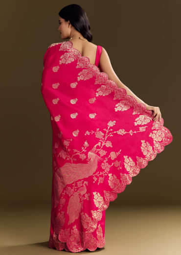 Pink Dola Silk Saree With Zari Border And All Over Booti