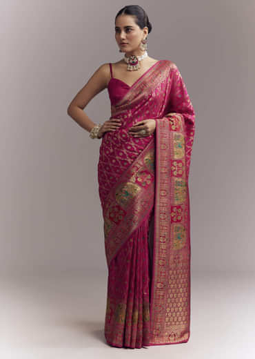 Pink Dola Silk Woven Saree With Delicate Hand Embroidery