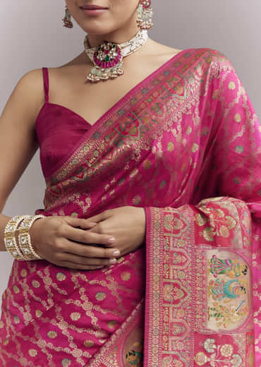 Pink Dola Silk Woven Saree With Delicate Hand Embroidery