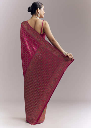 Pink Dola Silk Woven Saree With Delicate Hand Embroidery